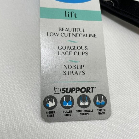 Playtex Lift Support Bra Size 38DD Black Full Coverage Low Cut Lace Embroidery - Picture 11 of 12